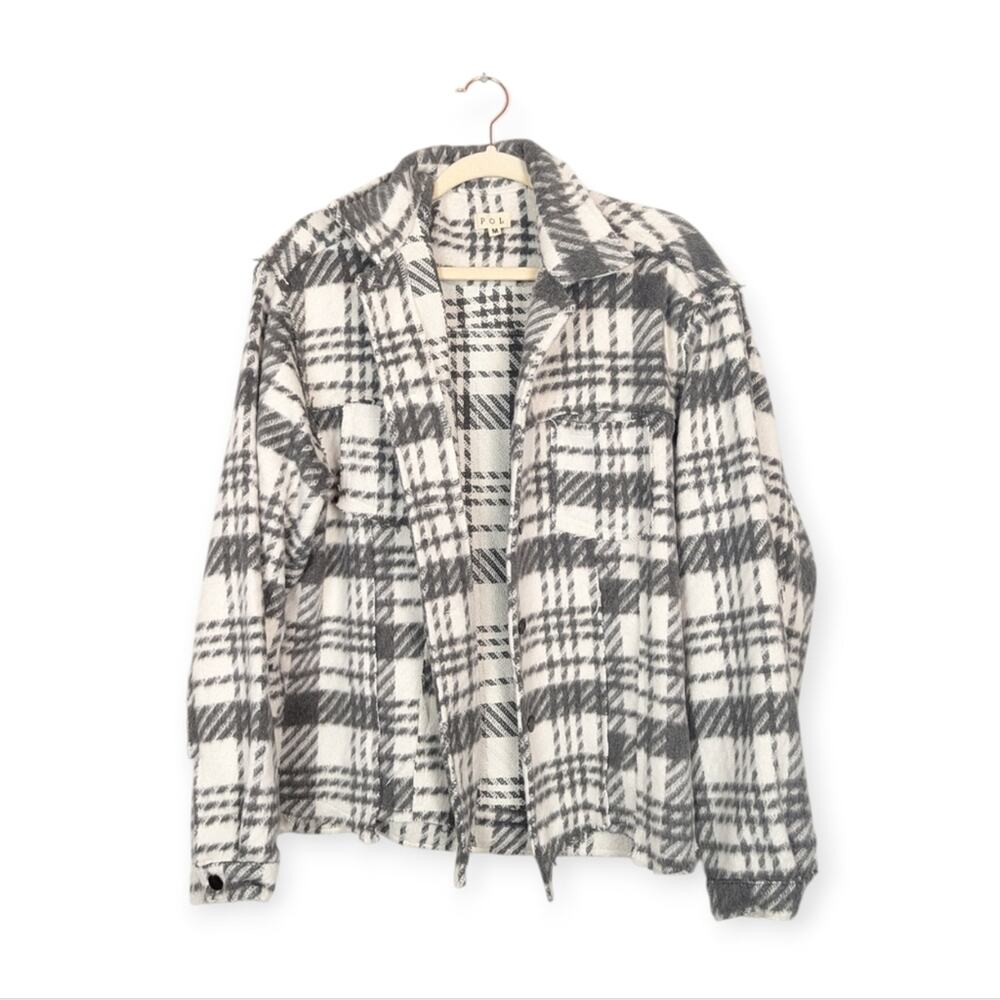 POL Ivory & Grey Soft Plaid Distressed Detail Shacket